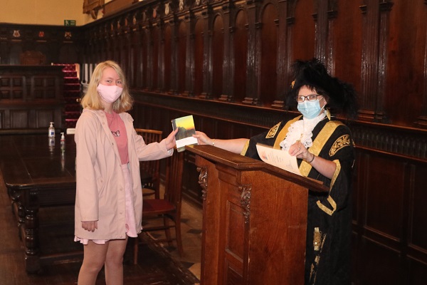 Lord Mayor of Exeter - Councillor Trish Oliver presents Holly Errington of Exeter College with her Exeter Yaroslavl Creative Writing Competition  prize, at Exeter Guildhall