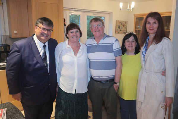 Surprise invitation to the home of John Shepherd and Nataliya Gubina.  L to Right.  Lord Mayor Consort Rob Oliver, Lord Mayor Councillor Trish Oliver, John Shepherd, Nataliya Gubina, Olga Lawson.  John Shepherd served as an Exeter City Councillor for many years
